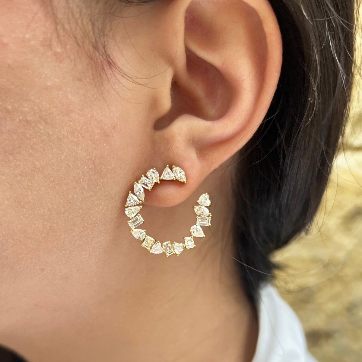 Mixed Shape Diamond Crescent Hoop Earrings