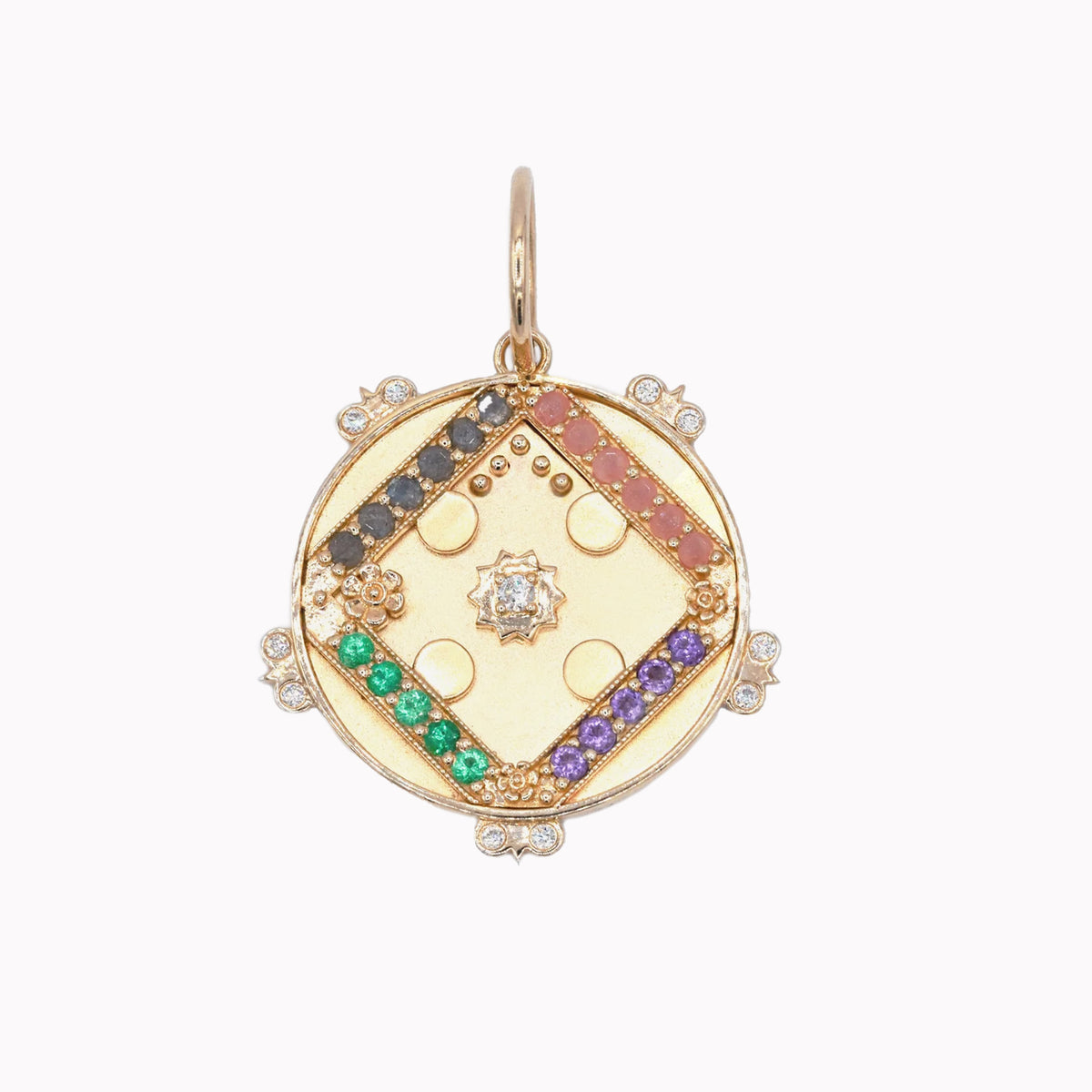 Large (25mm) Sun Medallion With Florets - "Love" - 23 Stones