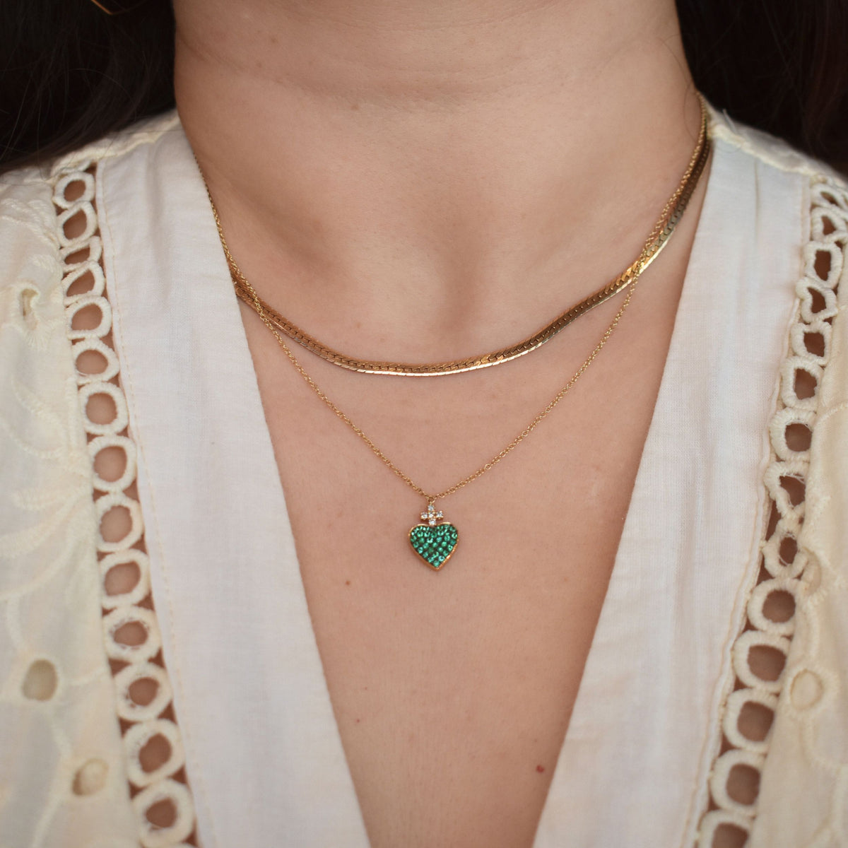 Sacred Heart Emerald & Diamond Cross Necklace