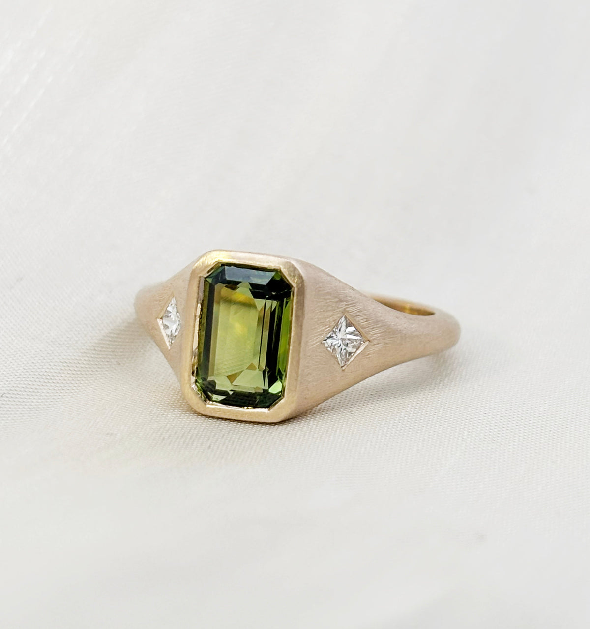 1.925ct Natural Olive Green Emerald-Cut Sapphire & Diamond Accent Signet Style Engagement Ring