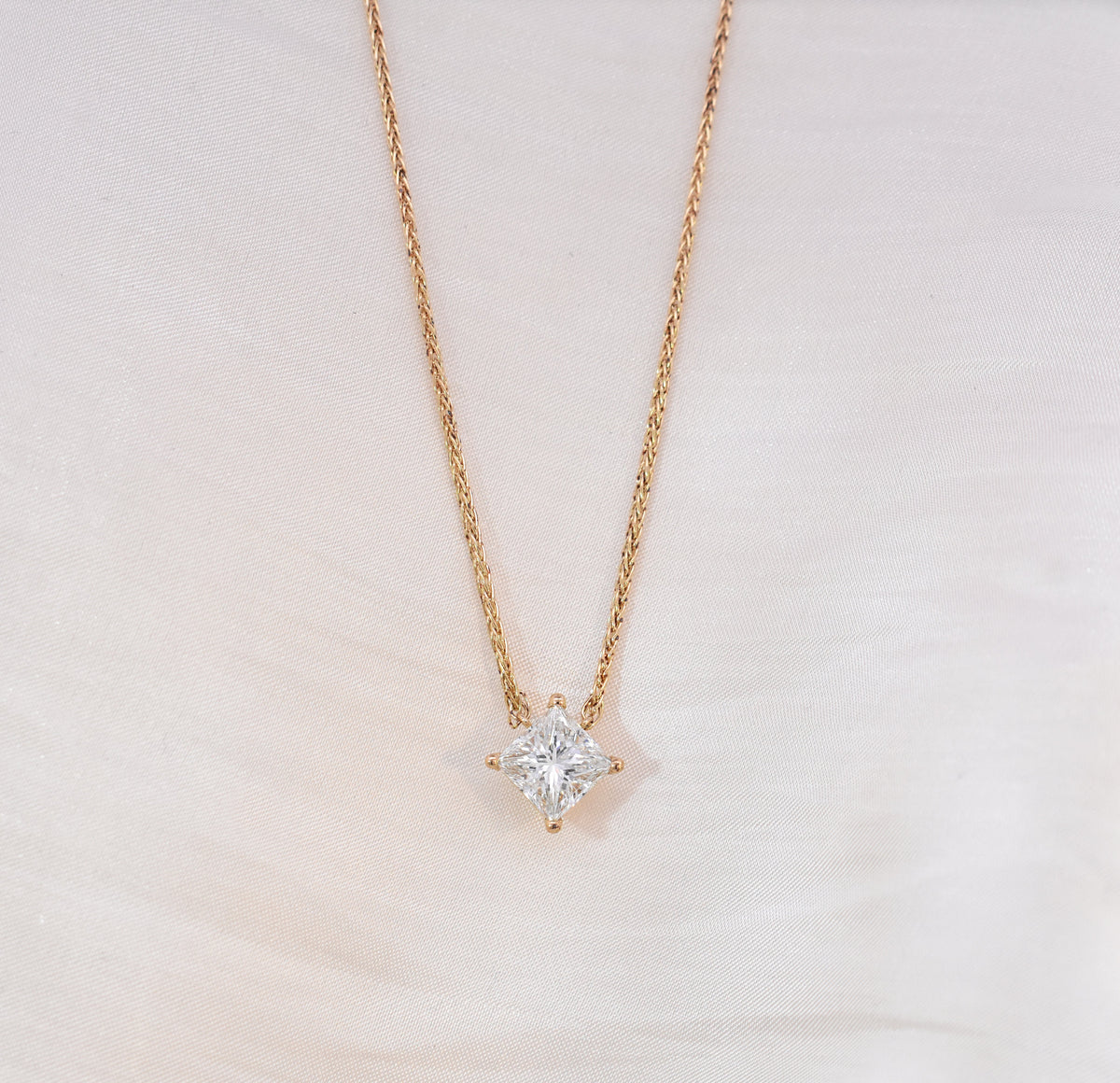 Heirloom Princess-Cut Diamond Prong-Set Hanging From a Wheat Chain