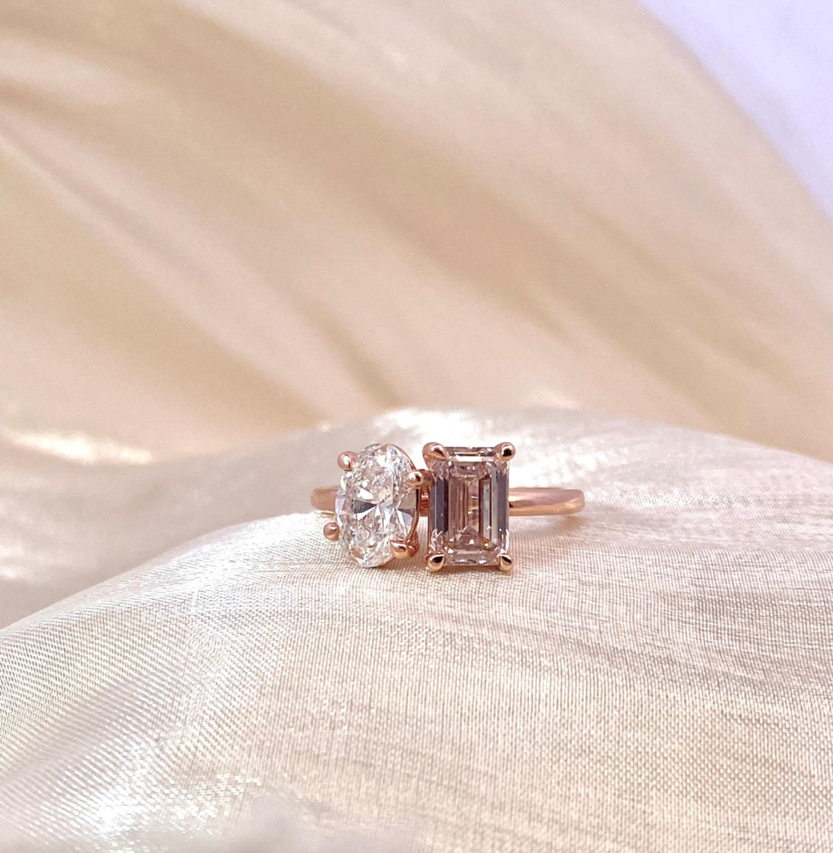 Toi Et Moi Lab-Grown Oval White Diamond & Pink Emerald-Cut Diamond Engagement Ring