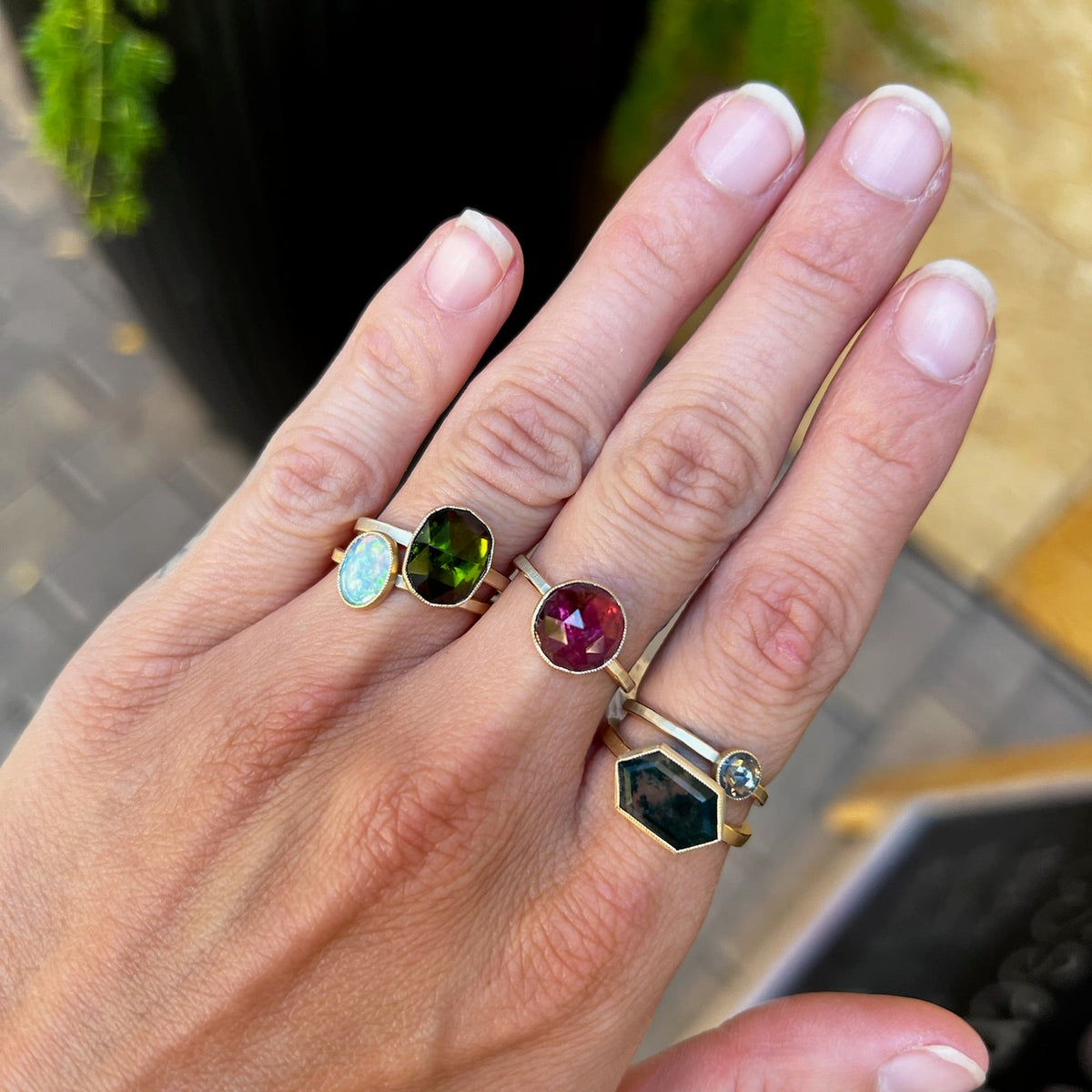 Elongated Hexagon Moss Agate Ring