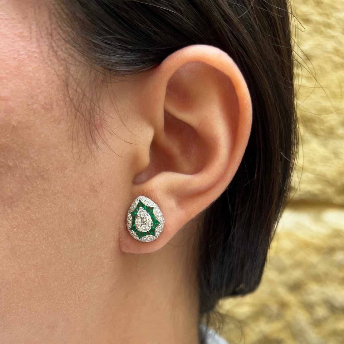 Deco Emerald & Diamond Stud Earrings
