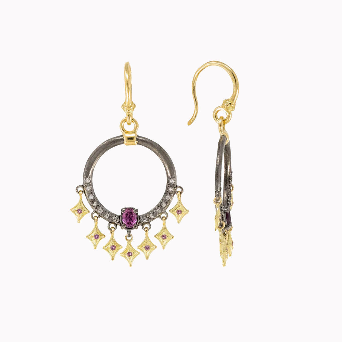 Open Circle Rhodolite Crivelli Drop Earrings