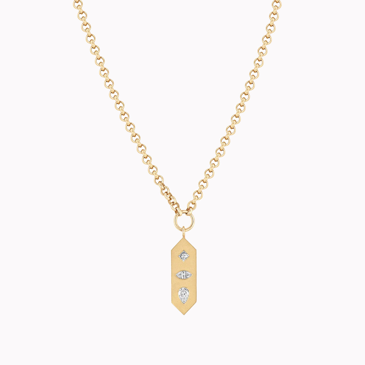 Diamond Mosaic Vertical Hexagon Tag Rolo Chain Necklace