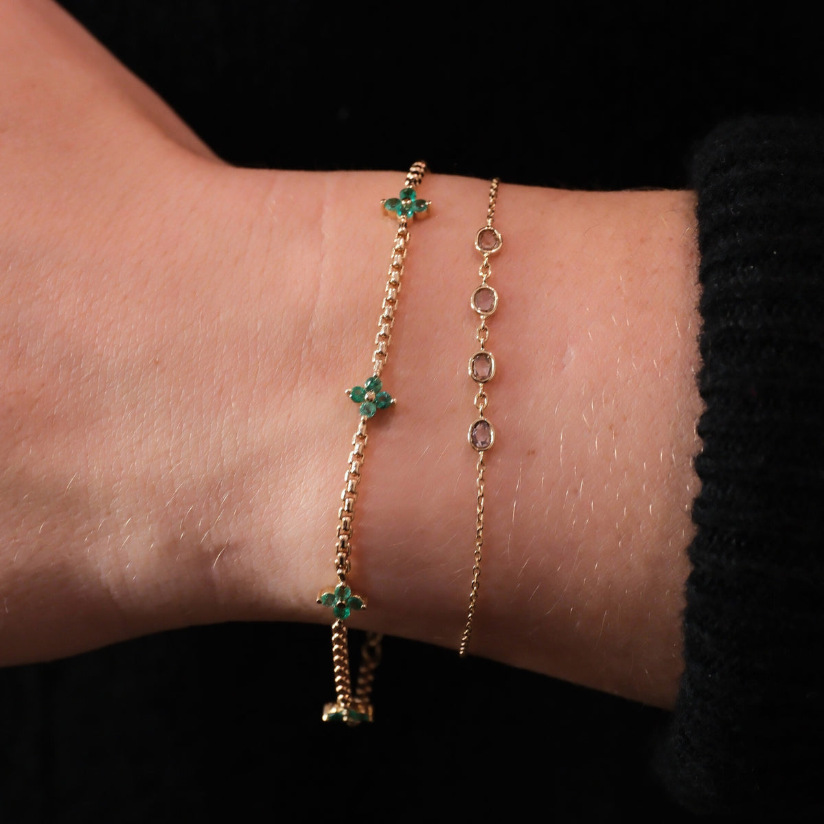 5 Prong Emerald Quad Station Box Chain Bracelet